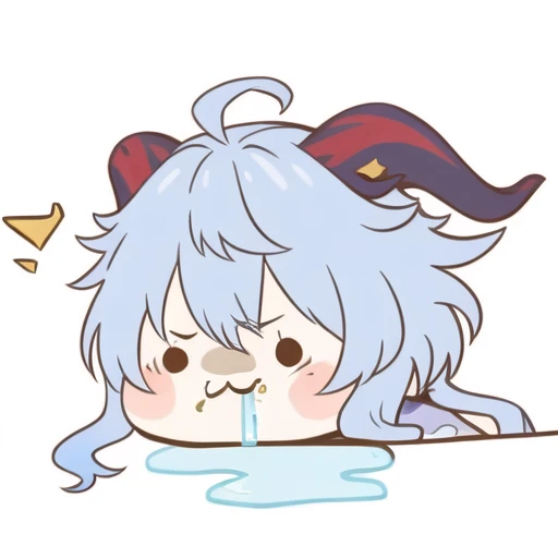 <lora:Ath_drooling:1>,drooling,ganyu \(genshin impact\),chibi,horns,blue hair,ahoge,white background,no humans,simple background,solo,1girl,blush,solid circle eyes,:3,bangs,^^^,long hair,food,
