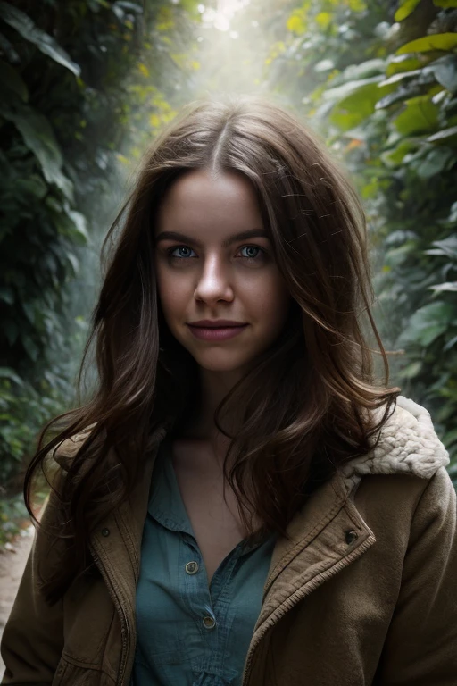 (((hd closeup photo))), one standing Vera Mairéad looking at camera 25 years old in forest