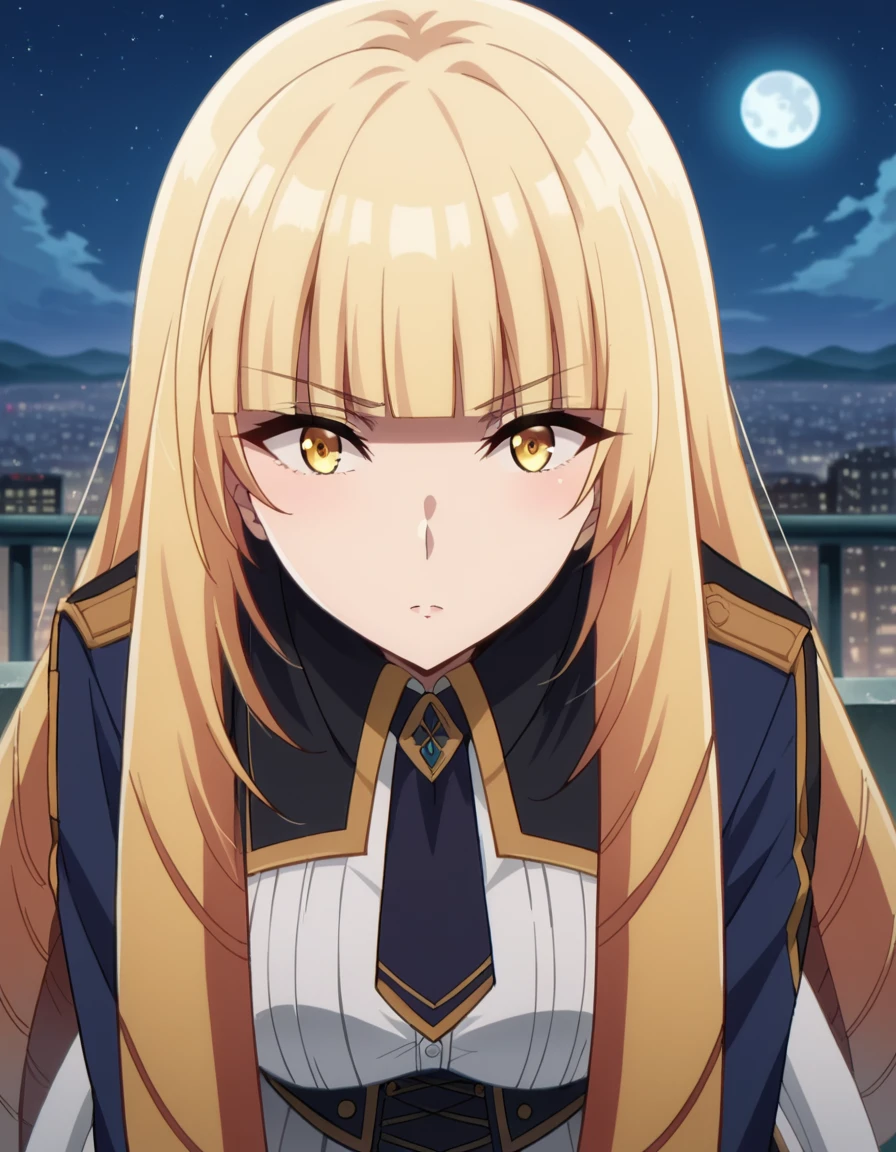 score_9, score_8_up, score_7_up, source_anime,
orianarose, <lora:oriana-rose-ponyxl-lora-nochekaiser:1>,
oriana rose, long hair, blonde hair, yellow eyes, drill hair, bangs, blunt bangs, mature female,
skirt, jacket, necktie, white skirt, corset,
outdoors, cityscape, night, moon, bent over,
looking at viewer, dutch angle,