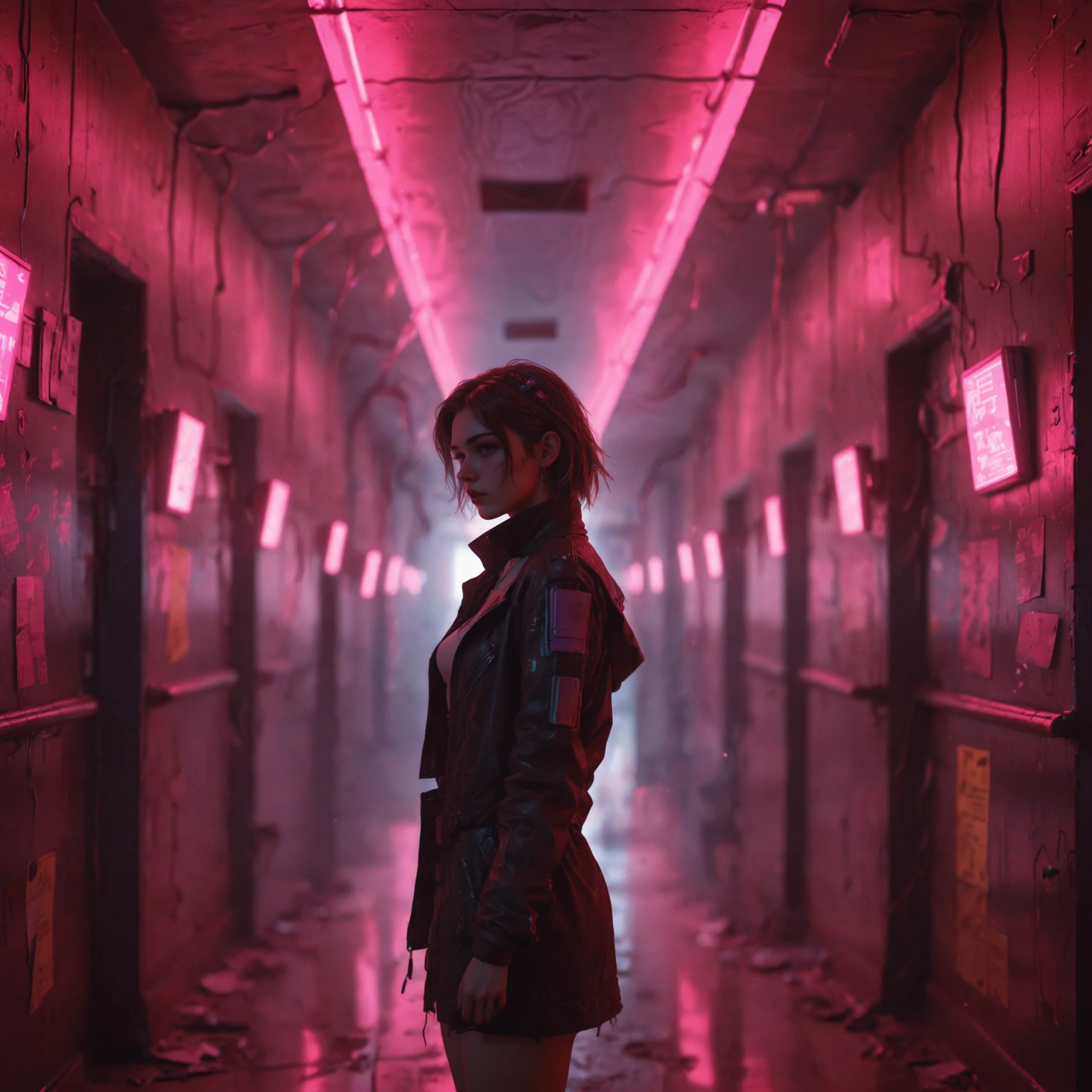 vhs style, woman lost in a never ending hallway, neonpunk, cyberpunk