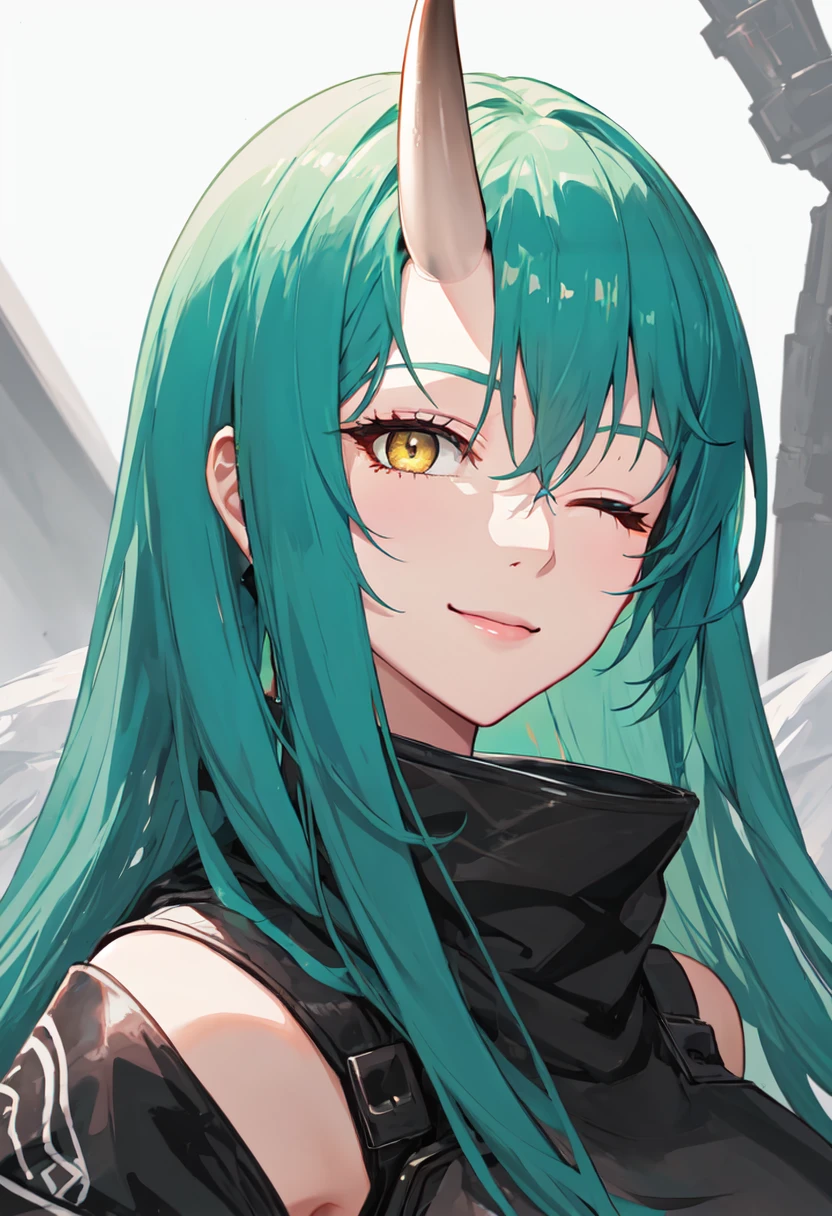best quality, masterpiece, highres, solo, (hoshiguma_arknights:1.10), smile, happy, one eye closed, portrait, looking at viewer, 33 <lora:hoshiguma_arknights:0.80>