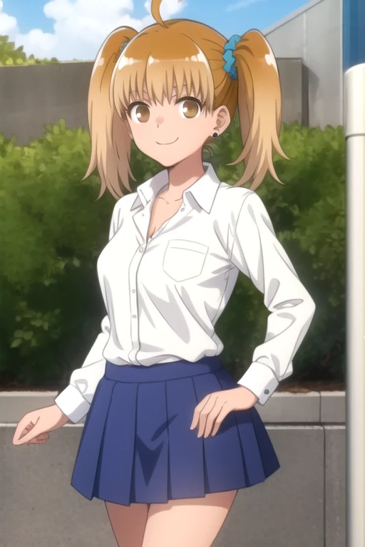 ((masterpiece)),(best quality),official art,extremely detailed CG,unity 8k wallpaper,ultra detailed,beautiful detailed eyes,extremely detailed face,outdoors,1girl,solo,cowboy shot,looking at viewer,facing viewer,smile,ahoge,brown hair,twintails,hair scrunchie,aqua scrunchie,stud earrings,bangs,brown eyes,:3,collarbone,collared shirt,white shirt,long sleeves,medium breasts,blue skirt,miniskirt,blue skirt,pleated skirt,white socks,uwabaki,<lora:Yoshi(dtwm,mn)>,