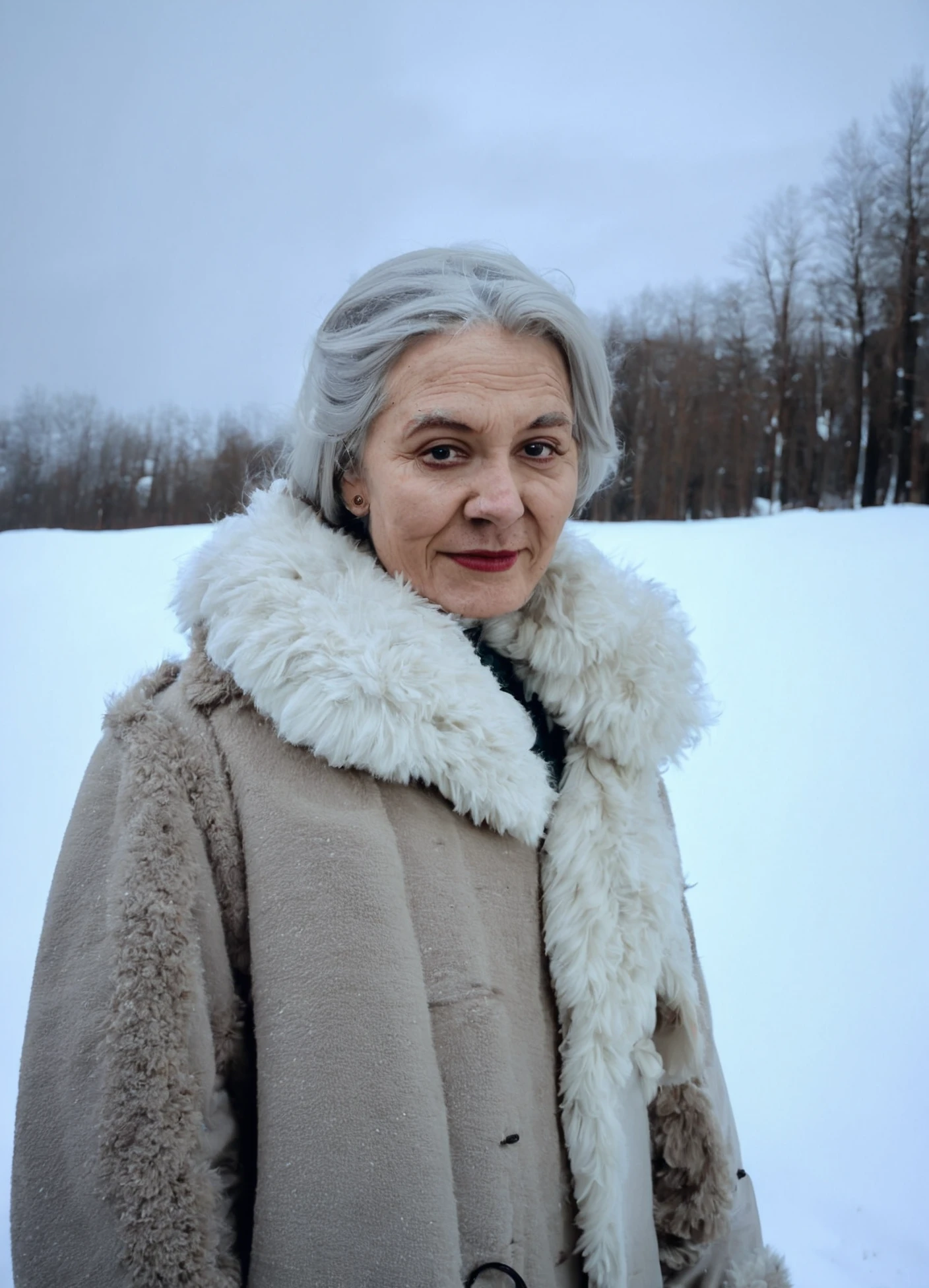 photo , realistic, irl, 1girl, looking at viewer, old, film grain, grey hair, snow,fur trim, portrait, coat <lora:RetouchPhoto_PonyV6_v2.1:.9>