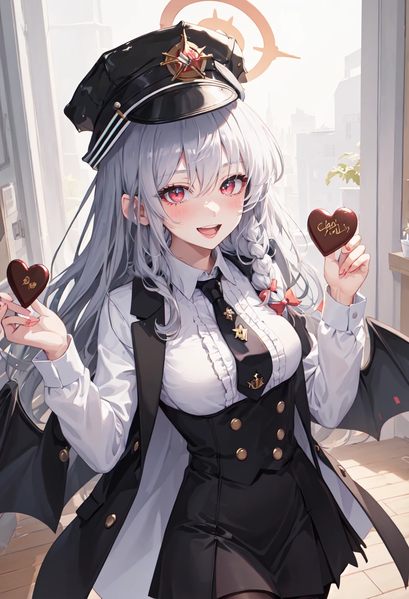 best quality, masterpiece, highres, solo, (haruna_bluearchive:1.10), 1girl, black headwear, black necktie, black skirt, blush, collared shirt, hat, long sleeves, looking at viewer, white shirt, black pantyhose, holding food, smile, candy, chocolate, frills, black jacket, heart, open mouth, 11 <lora:haruna_bluearchive:0.80>