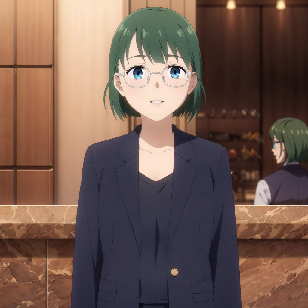 <lora:receptionis001:0.7>,<lora:add_detail:0.5>,<lora:noline:0.3>,<lora:boldline:-0.3>,smile,parted lips,
receptionis,1girl,green hair,short hair,(eyewear:1.1),blue eyes,
cowboy shot,business_suit,