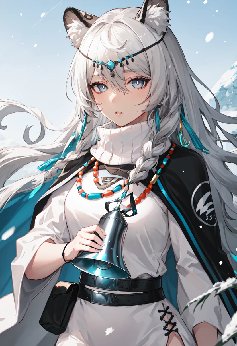 best quality, masterpiece, highres, solo, (pramanix_arknights:1.10), 1girl, bead necklace, holding bell, looking at viewer, upper body, parted lips, turtleneck dress, white dress, cape, head chain, snowing, 4 <lora:pramanix_arknights:0.80>