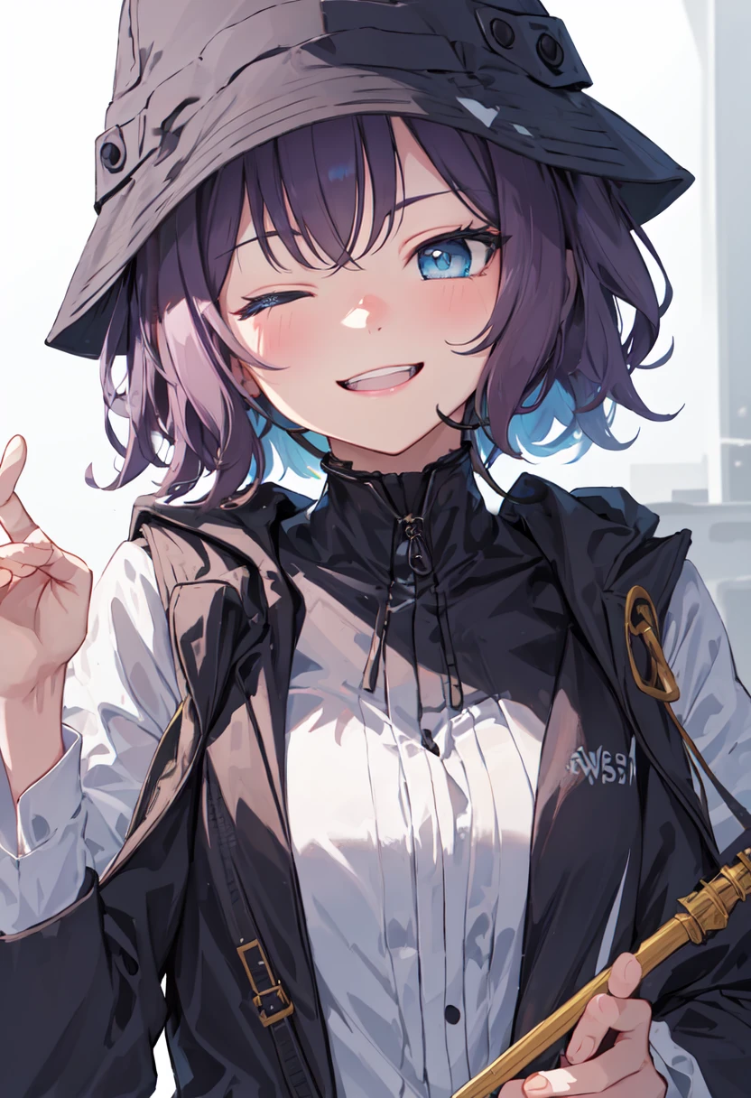 best quality, masterpiece, highres, solo, (saki_bluearchive:1.10), smile, happy, one eye closed, portrait, looking at viewer, 34 <lora:saki_bluearchive:0.80>