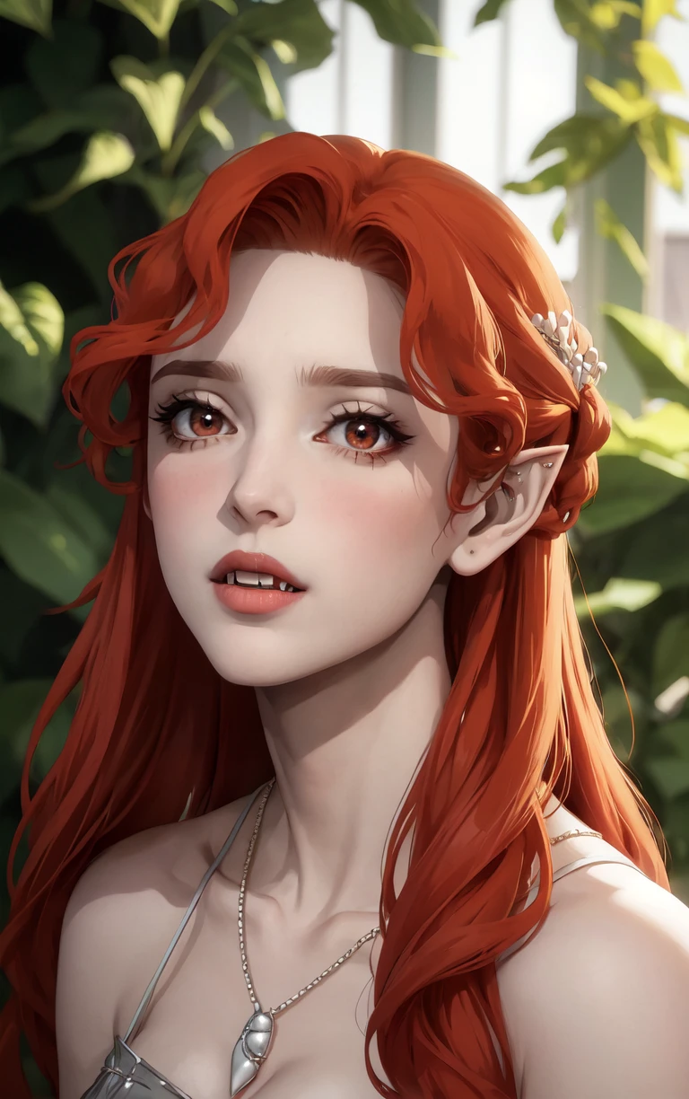 ((masterpiece, best quality)), insaneres, absurdres, solo, looking at viewer,
NightGown_Lenore_ownwaifu,
1girl, long hair, red hair, red eyes, pointy ears, blush, breasts, cleavage, lips, red lips, collarbone, fangs, lipstick, makeup, vampire, braid, floating hair,
jewelry, necklace, pearl necklace, armlet, grey dress, bare shoulders,
(portrait, straight-on)<lora:CARTOON_Castlevania_Lenore_ownwaifu:0.8>,
depth of field, vanishing point, garden, sidelighting,