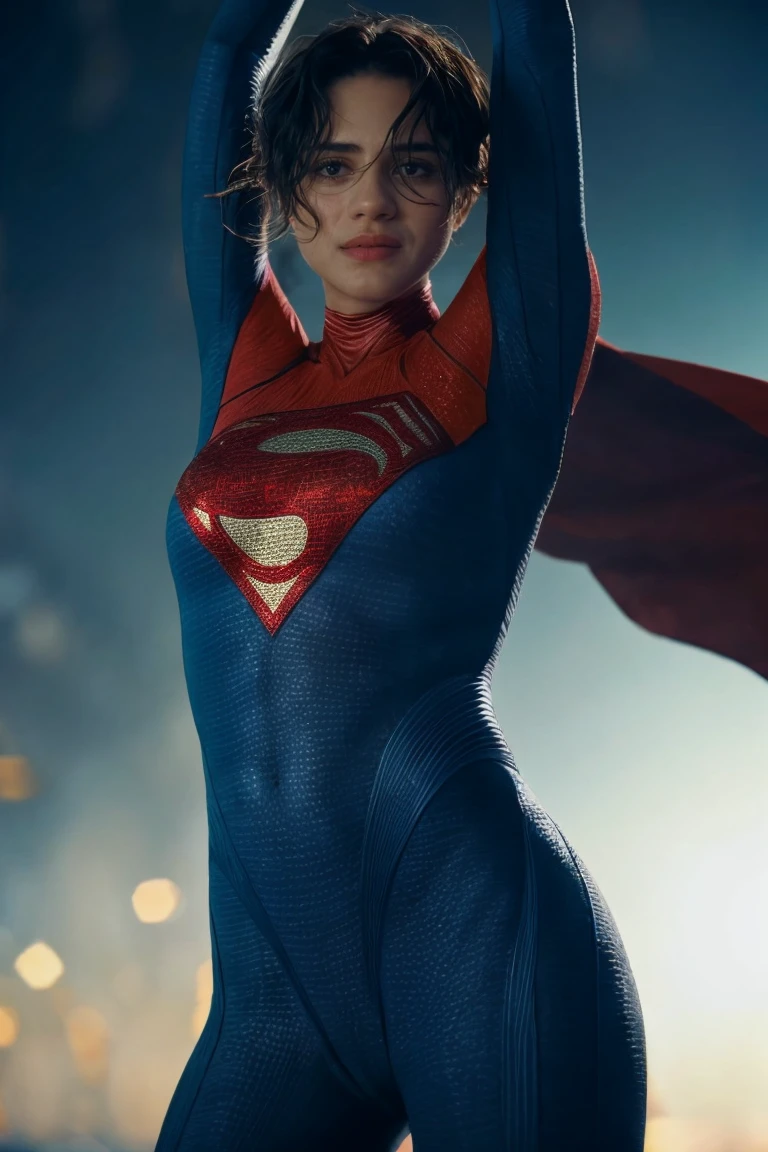 1girl, solo, raise up arms, smile, simple white background, soft lighting, looking at viewer, blurry background, bokeh, chromatic aberration, depth of field, female focus, masterpiece, best quality, ultra-detailed, ultra high res, (photorealistic:1.4), raw photo, (realistic:0.2), 8k HDR, f1.4, 40mm, photorealistic, raw, 8k, textured skin, skin pores, intricate details, by Dorothea Lange
<lora:epiCRealismHelper:1> <lora:PAseer-SD15-LCM Quick:1> <lora:supergirl_tf_lora_v02:1> 5uper, bodysuit, red cape, short hair, superhero