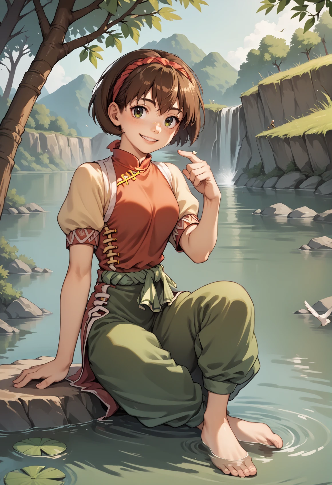 1girl, solo, short hair, brown hair, headband, chinese clothes, red shirt, short sleeves, yellow sleeves, green pants, sitting, bird on finger, barefoot, feet submerged, lake, light smile, full body, cowboy shot, outdoors, forest <lora:Nanami_XL:1>, score_9, score_8_up, score_7_up, score_6_up, score_5_up, score_4_up, BREAK source_anime, masterpiece