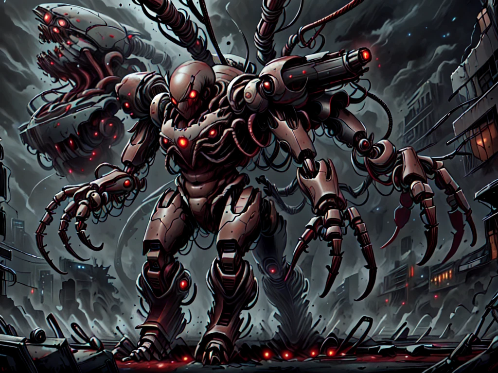 A giant non-humanoid spider mech(glowing red eyes, claws, cables) walking through a damaged city, EMH