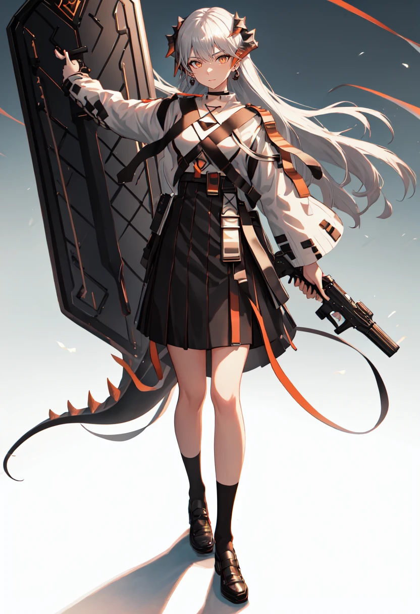 best quality, masterpiece, highres, solo, (saria_arknights:1.10), 1girl, black skirt, long sleeves, holding shield, white shirt, looking at viewer, standing, closed mouth, holding gun, black footwear, cowboy shot, dragon tail, full body, high-waist skirt, jewelry, 8 <lora:saria_arknights:0.80>