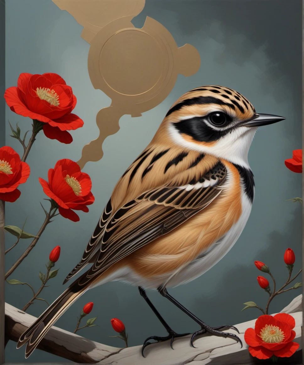 <lora:erikjonesXL:0.5>,erkjns,Whinchat,masterpiece,abstract, 8k uhd,absurd res,ultra detailed,masterpiece,awardwinning,sharp focus,intricate detail,50mm lens