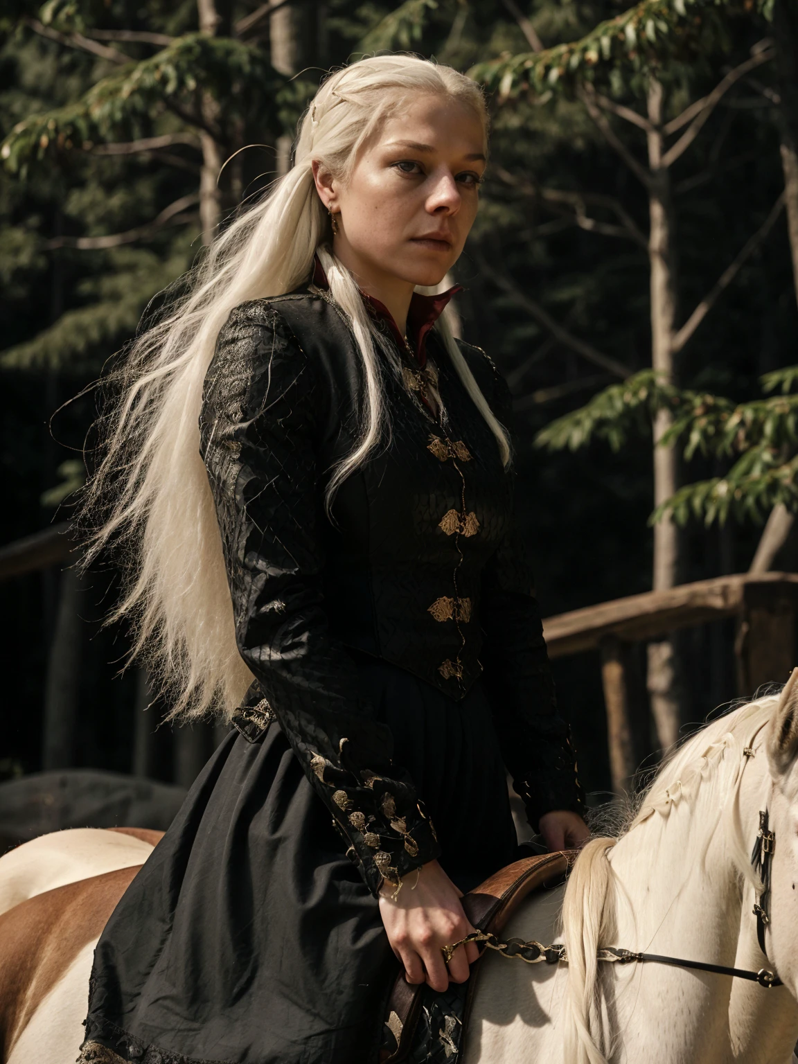 a photo of woman,she has a long white hair,she is wearing a black queen jacket,(she is on top riding a horse:1.2)