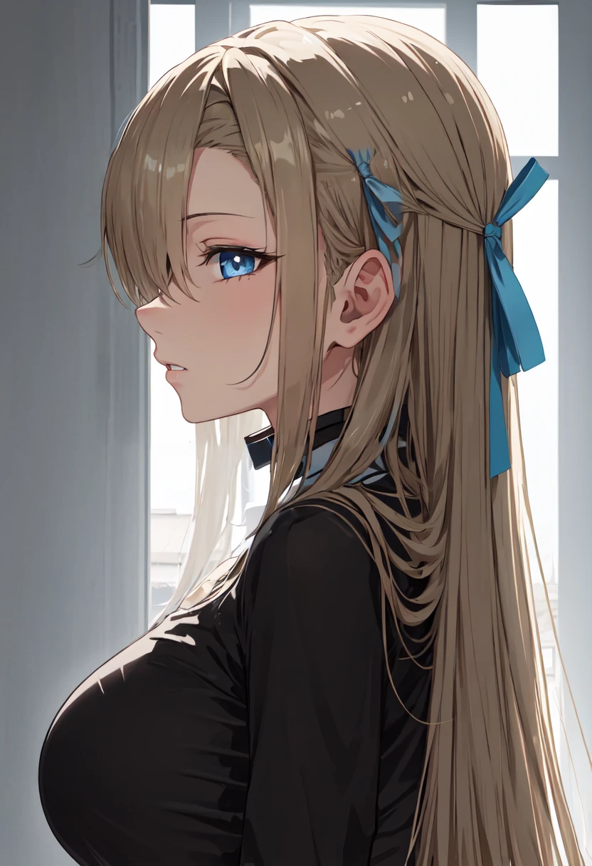 Long ponytail, blue eyes, blonde