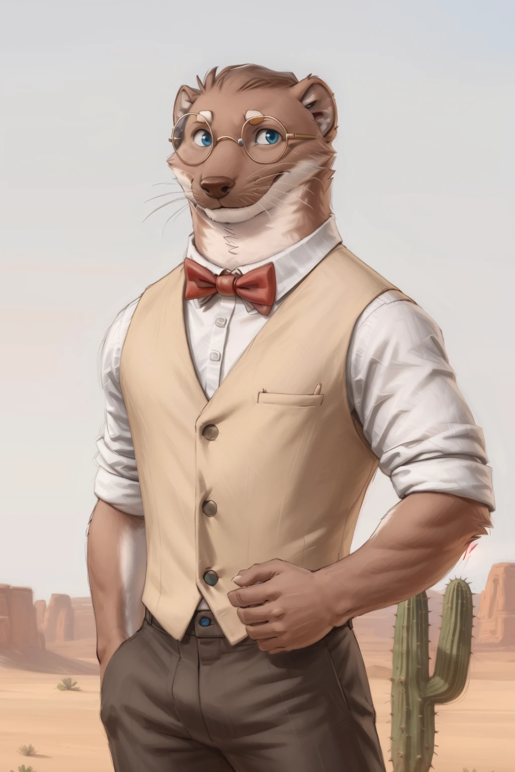 <lora:cliffV3-04:1>, clifford tibbits, blue eyes, (posing:1.3), (soft shading), 4k, hi res, ((detailed face, detailed)), by zackarry911, by zaush, (by personalami:0.5), looking at viewer, smile, simple background, shirt, white background, bow, white shirt, male focus, glasses, collared shirt, pants, bowtie, vest, red bow, black pants, red bowtie, sleeves rolled up, hand in pocket, brown vest, whiskers, desert, cactus, side view,
