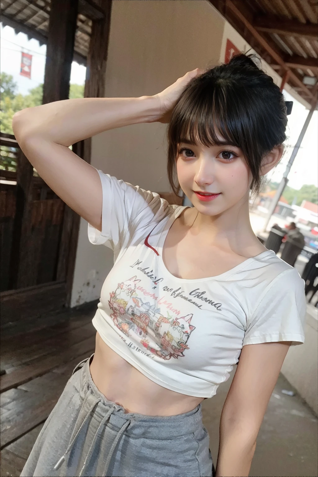 best quality,HDR,UHD,8K,Vivid Colors,solo,front mirror,photo_(medium),cute & girly,(1girl:1.3),standing,outdoors,(looking at viewer:1.4),<lora:1.5_perfect hands:0.8>,<lora:chinese-girl:0.7>,full_body,audience oriented,right to the lens,textless version,<lora:kawai:0.6>,white t-shirt,mini skirt,gray skirt,wrong hip skirt,, best quality, masterpiece, (realistic, photo-realistic:1.37),ultra high res,highres,, illustration. media, delicate,8k wallpaper,soft light,official art,professional lighting, photon mapping, radiosity, physically-based rendering,1girl,