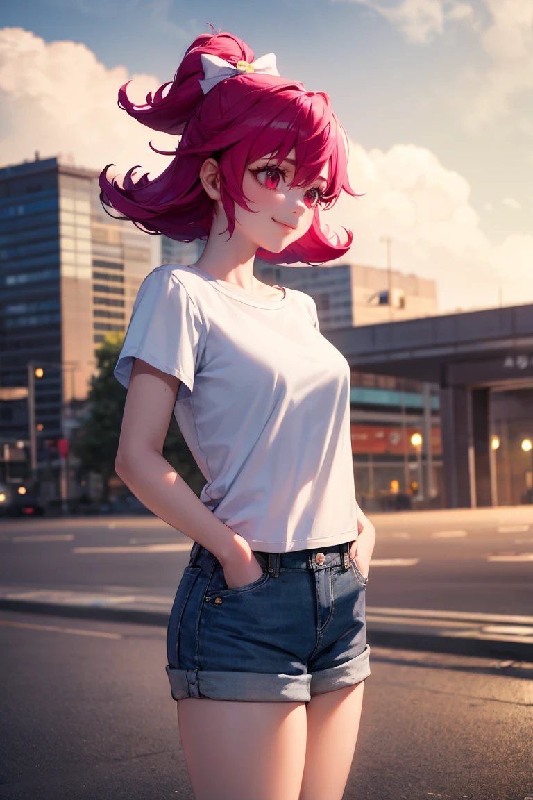 masterpiece, best quality, absurdres, 1girl, solo, AidaMana, pink hair, short hair, half updo, hair ribbon, t-shirt, denim shorts, standing, outdoors, city, hands in pockets, smile, <lora:CHAR-CureHeart:1>