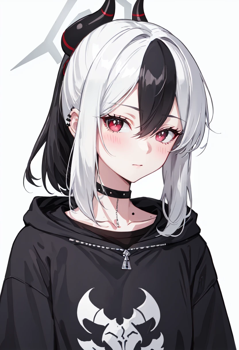 best quality, masterpiece, highres, solo, (kayoko_bluearchive:1.10), 1girl, looking at viewer, closed mouth, black choker, black hoodie, upper body, collarbone, simple background, blush, mole on neck, piercing, white background, 5 <lora:kayoko_bluearchive:0.80>