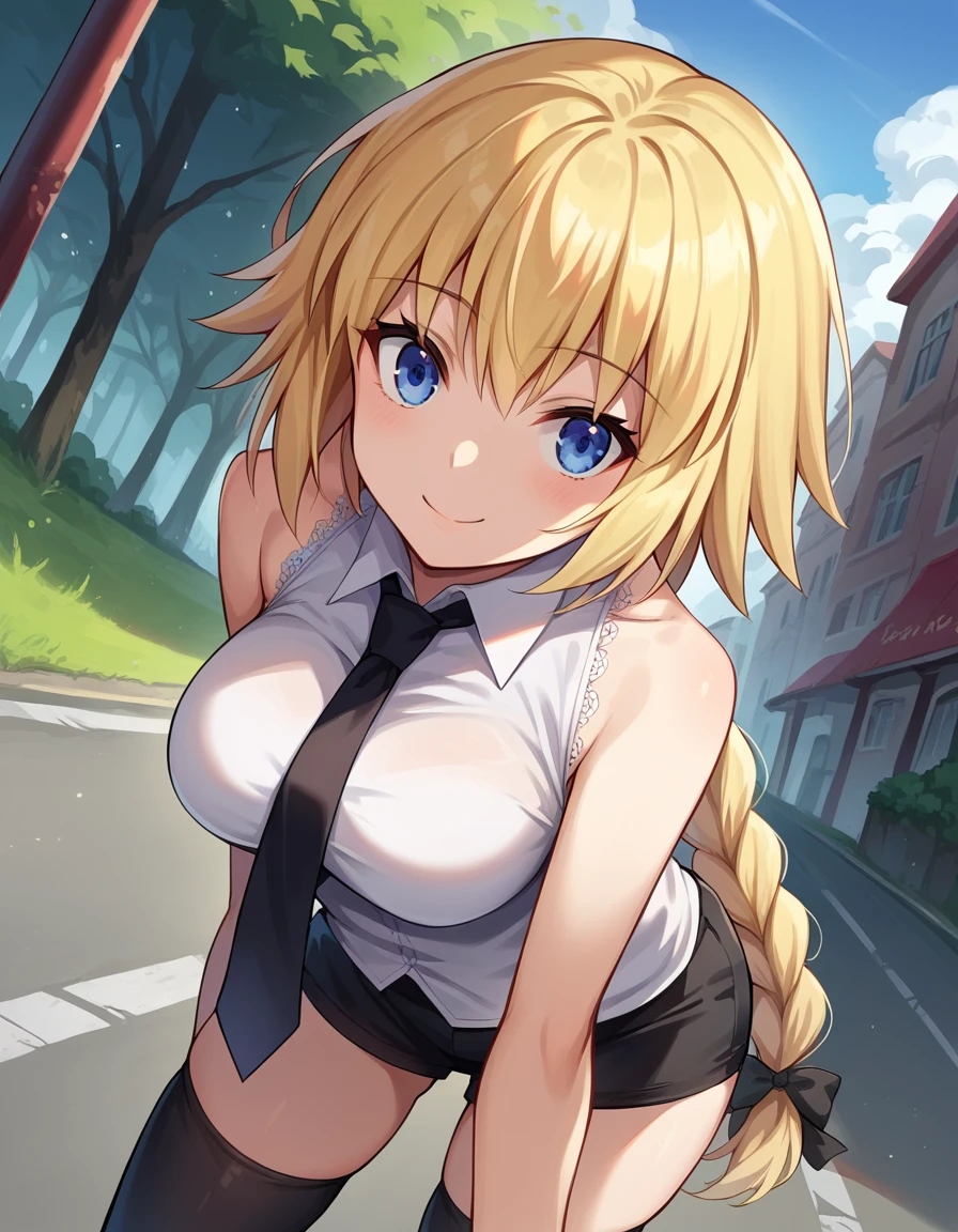 score_9, score_8_up, score_7_up, source_anime,
jeannedarc, <lora:jeanne-darc-ponyxl-lora-nochekaiser:1>,
jeanne darc, blonde hair, blue eyes, long hair, smile,
bare shoulders, black necktie, black thighhighs, braid, long braid, miniskirt, navel, necktie, shirt, single braid, sleeveless, sleeveless shirt, thighhighs, white shirt,
outdoors, dessert, road, bent over,
looking at viewer, dutch angle, cowboy shot,