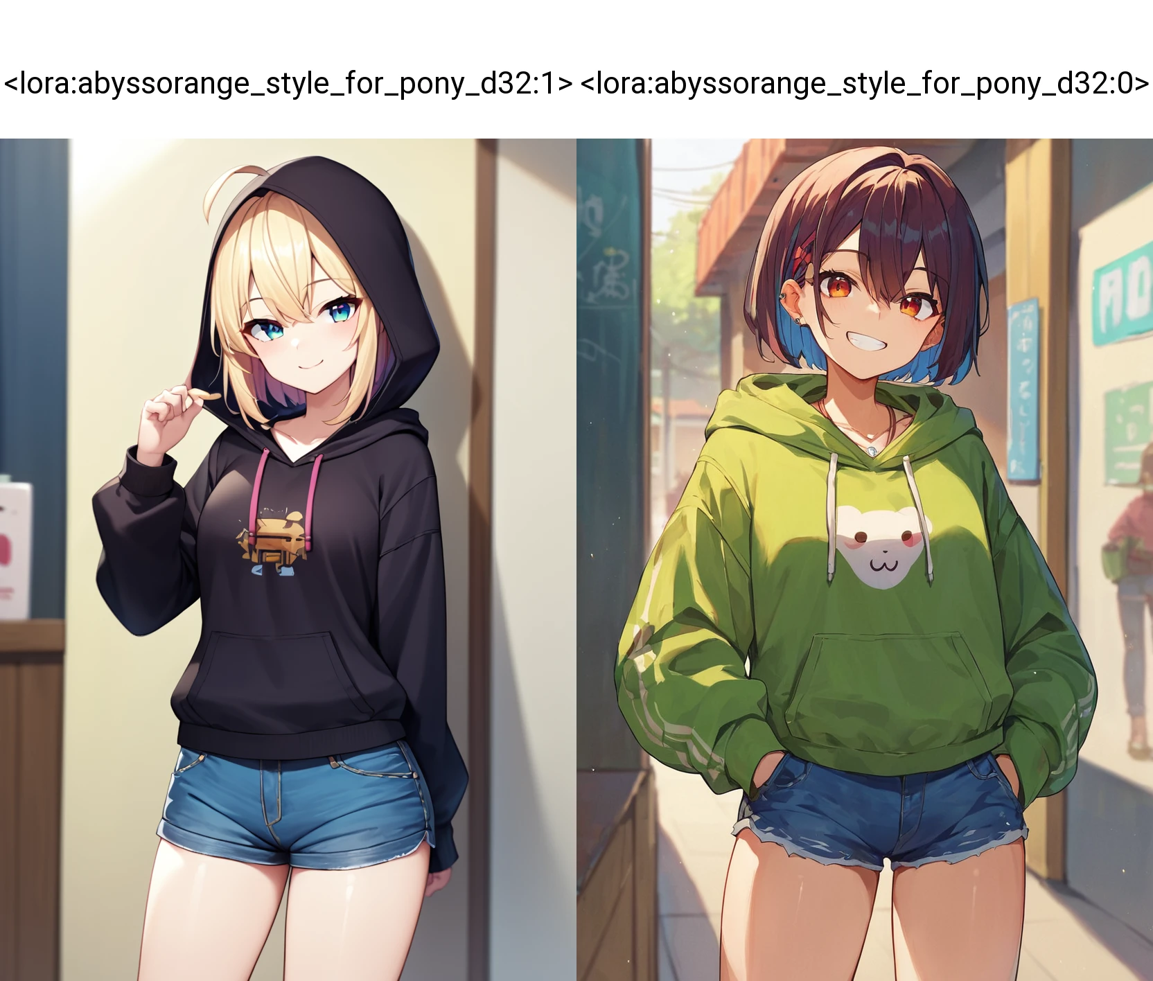 score_9_up score_8_up score_7_up, source_anime, 1girl, smile, hoodie, denim shorts
<lora:abyssorange_style_for_pony_d32:1>