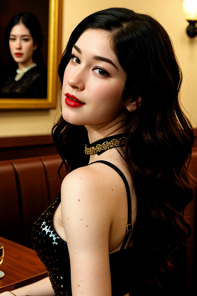 tv_Evelyn_Claire_PS, , shy expression, wearing a sequin dress, wearing a diamond choker, red lips, dramatic makeup, sitting in a restaurant, holding a glass of wine, medium closeup shot,, PA7_Human-Likeness