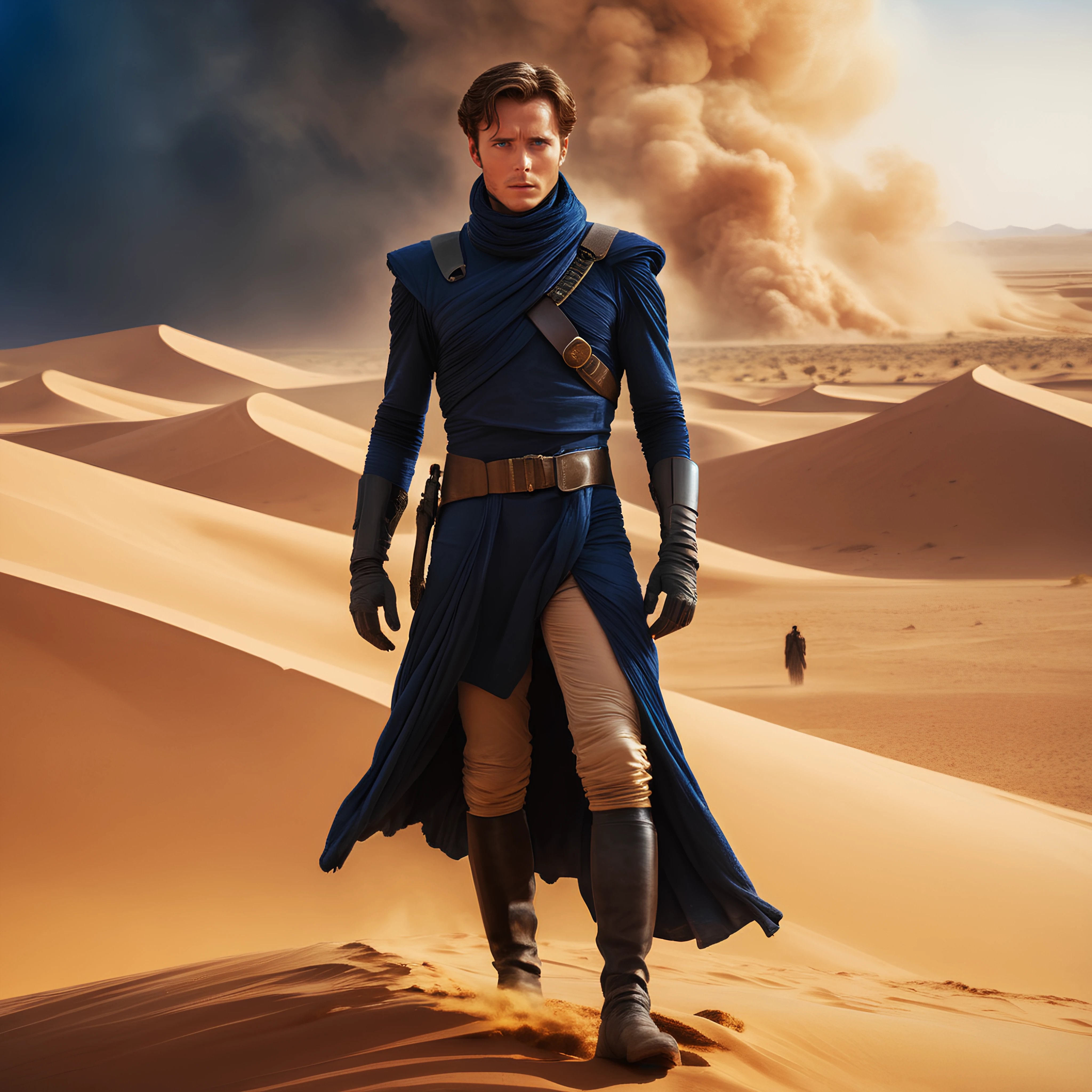 Dune movie style, professional realistic full-length photo of Paul Atreides in a desert on the planet Arrakis, 25 years old, deep blue eyes, sandstorm in the background, high details, masterpiece, epic, movie poster, modern, futuristic, colorful, full body photo, blurred background
