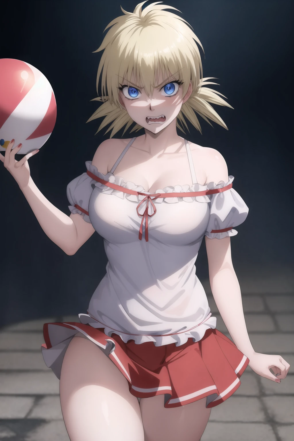 <lora:seras-06:0.95> SerasOva,  1girl, clown outfit, cowboy shot, angry, blue eyes,