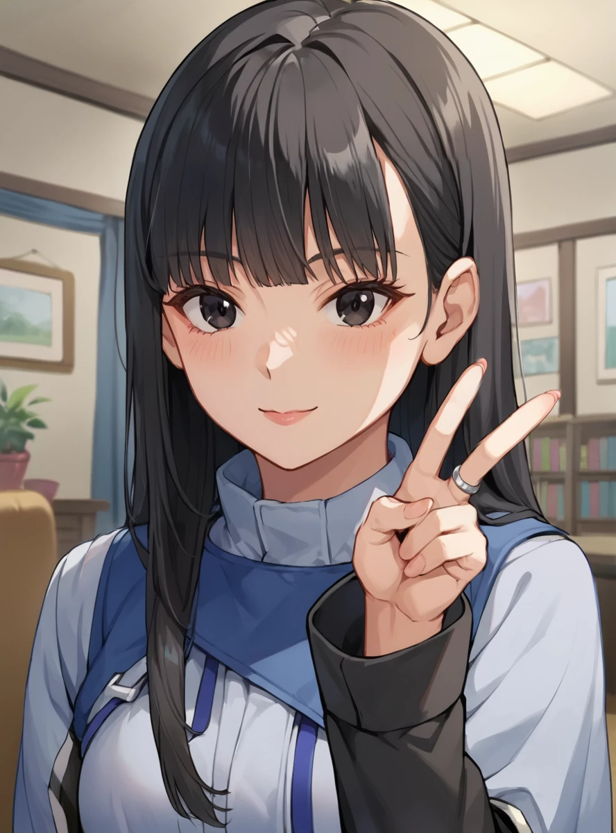 score_9, score_8_up, score_7_up, score_6_up, score_5_up, score_4_up, BREAK source_anime, masterpiece ,anime screencap,<lora:KudoRinnie-07:0.7>, kudorinnie, long hair, bangs, black hair, long sleeves, jewelry, ring, black shorts, black eyes, v_sign, indoors,