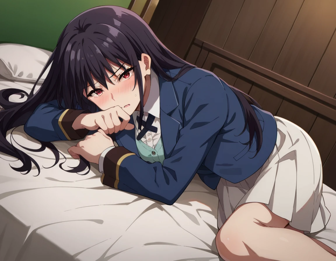 score_9, score_8_up, score_7_up, source_anime,
clairekagenou, <lora:claire-kagenou-ponyxl-lora-nochekaiser:1>,
claire kagenou, long hair, black hair, red eyes,
shirt, jacket, blazer, skirt, white skirt,
indoors, bed, bed room, on side, blush, drunk,
looking at viewer, dutch angle,