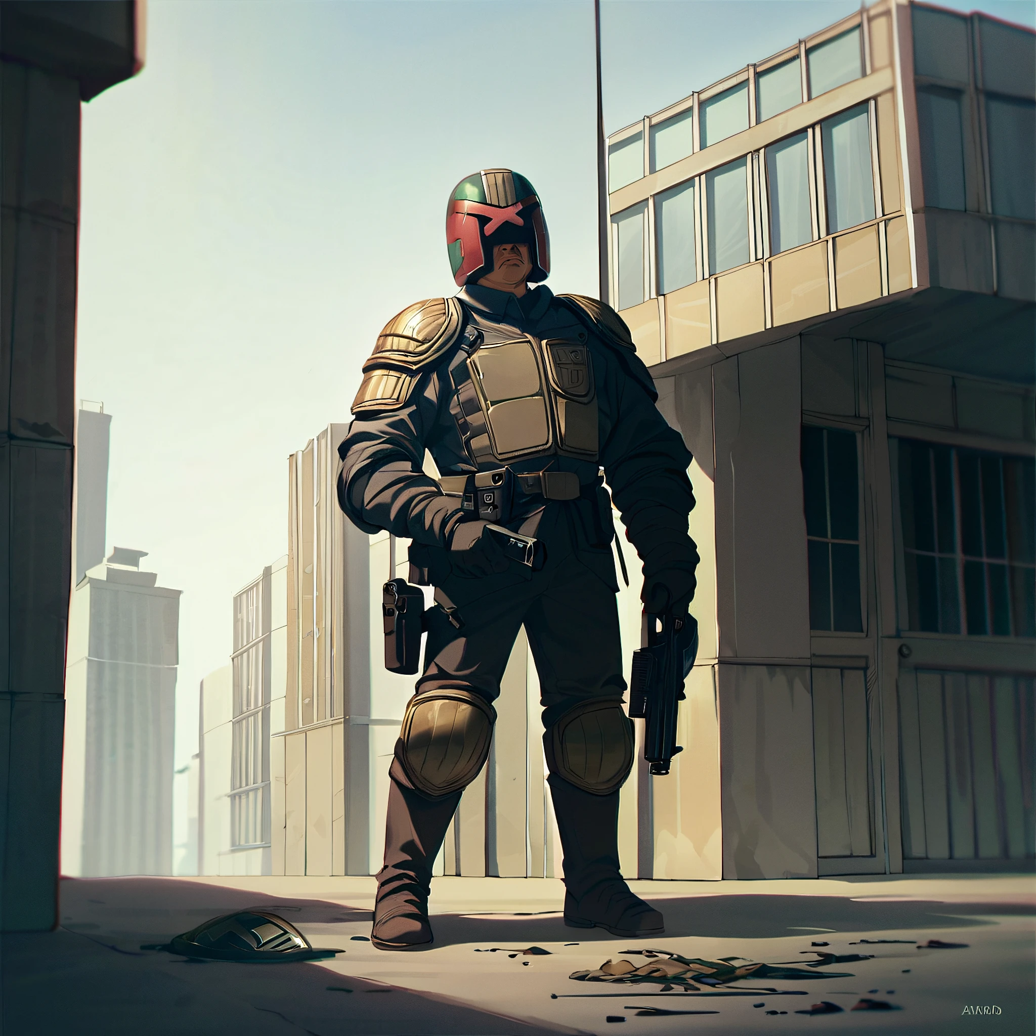 score_9, score_8_up, score_7_up, score_6_up, score_5_up, score_4_up, source_anime, BREAK, Judge Dredd in a helmet holding a gun, standing in a brutalist apartment building, peeling paint, dilapidated, jdgdrdd, leather armor, helmet,