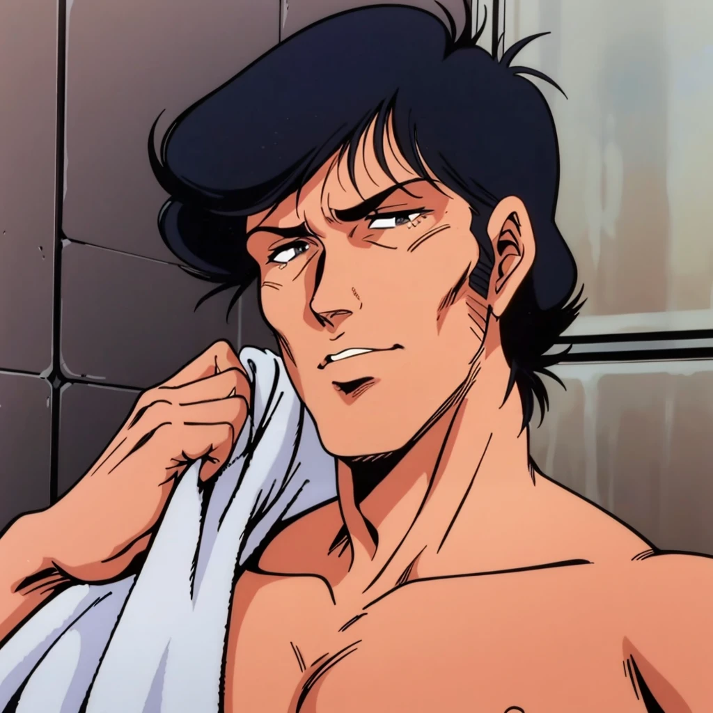 <lora:MZ1BD001:0.7>,
MZ1BD,1man,black hair,short hair,black eyes,retro artstyle,1980s (style),
naked towel,