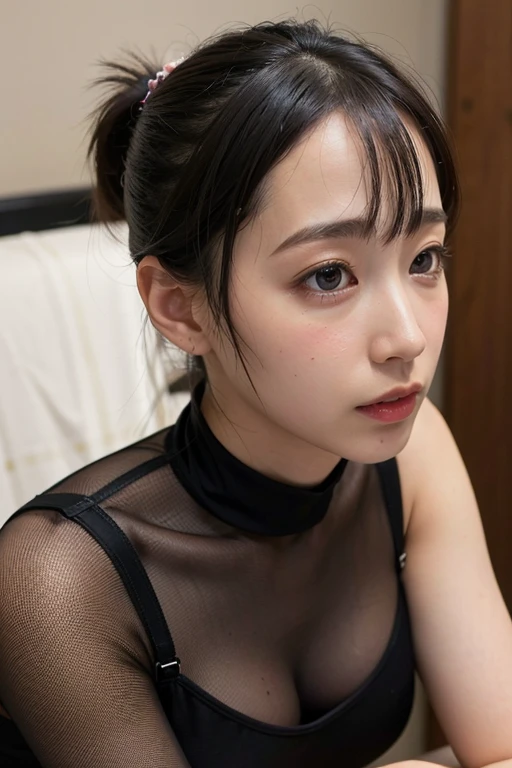 RAW photo, best quality, depth of field,(realistic, photo-realistic),photo of <lora:KuHasumi_lora-10:0.7>,1girl,solo,ponytail,wearing side cut black dress,pantyhose