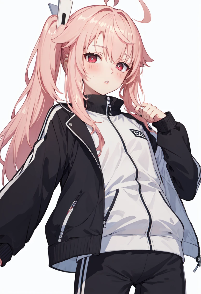 best quality, masterpiece, highres, solo, (natsu_bluearchive:1.10), 1girl, long sleeves, track jacket, gym uniform, blush, simple background, white background, black jacket, gym shorts, looking at viewer, parted lips, sleeves past wrists, black shorts, 9 <lora:natsu_bluearchive:0.80>