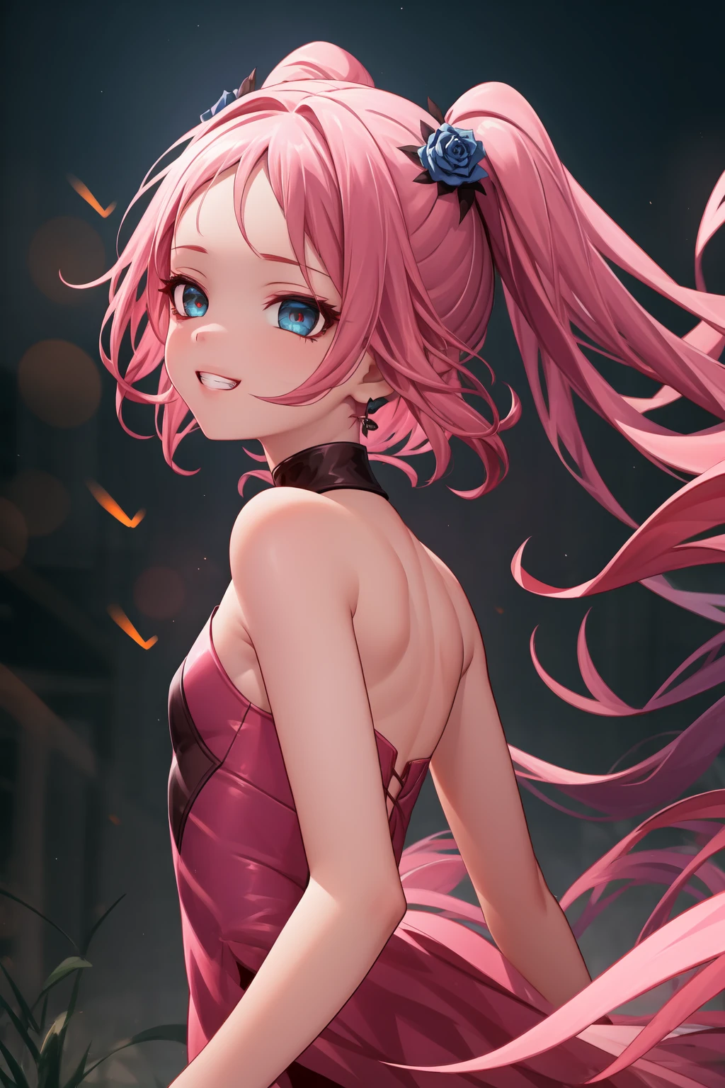 (masterpiece, best quality:1.2),
1girl, solo, pink and black theme, dark, upper body, side face, grin, parted lips, looking back, floating hair, pink dress, bare shoulders,(delicate and beautiful eye), forehead, flat chest, gothic fashion, blue rose, fog, fireflies, underlighting, bokeh, blurry background, strong visual impact, film lighting, from side