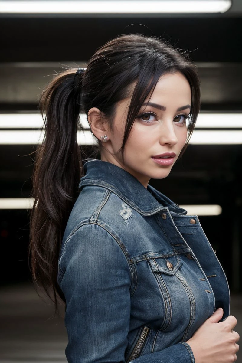 photo of S359_AlyssiaKent,a stunning woman,in a (parking-garage:1.1),wearing a (leather-jacket:1.1),(distressed-jeans),(ponytail),(4k, RAW photo, best quality, 35mm, depth of field, ultra high res:1.1),(absurdres, intricate, photorealistic, cinematic-shot, masterpiece, ultra-detailed:1.1),