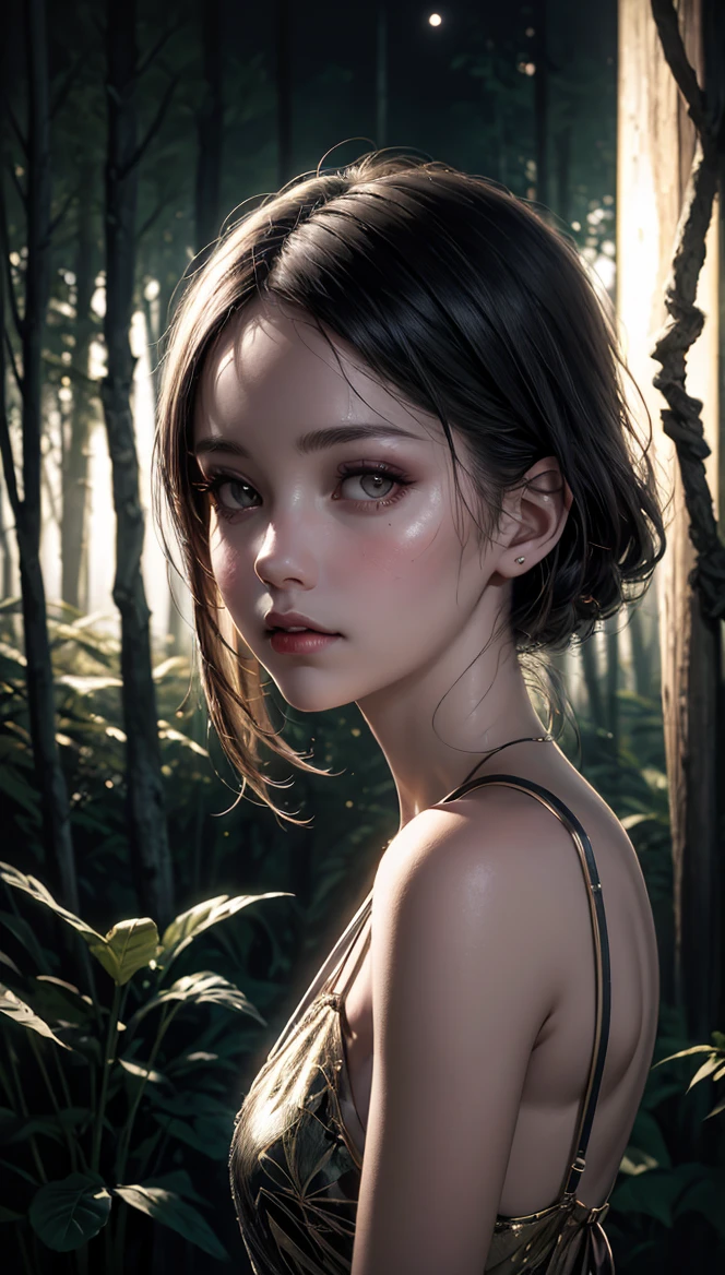 masterpice, high quality,( detailed realistic background:1), ( official art, beautiful and aesthetic:1 ), realistic lighting, cinematic lighting, hyperrealism, Poor lighting, sharp, artistic photoshoot, ( cute, petite ), slender, pale cheeks, square face shape with angular jaw, natural "no-makeup" makeup,  ((A girl in the night at the dark forest)), night, [dark],vertical,