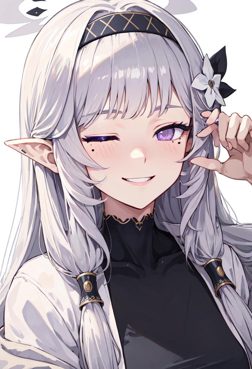 best quality, masterpiece, highres, solo, (himari_bluearchive:1.10), smile, happy, one eye closed, portrait, looking at viewer, 35 <lora:himari_bluearchive:0.80>