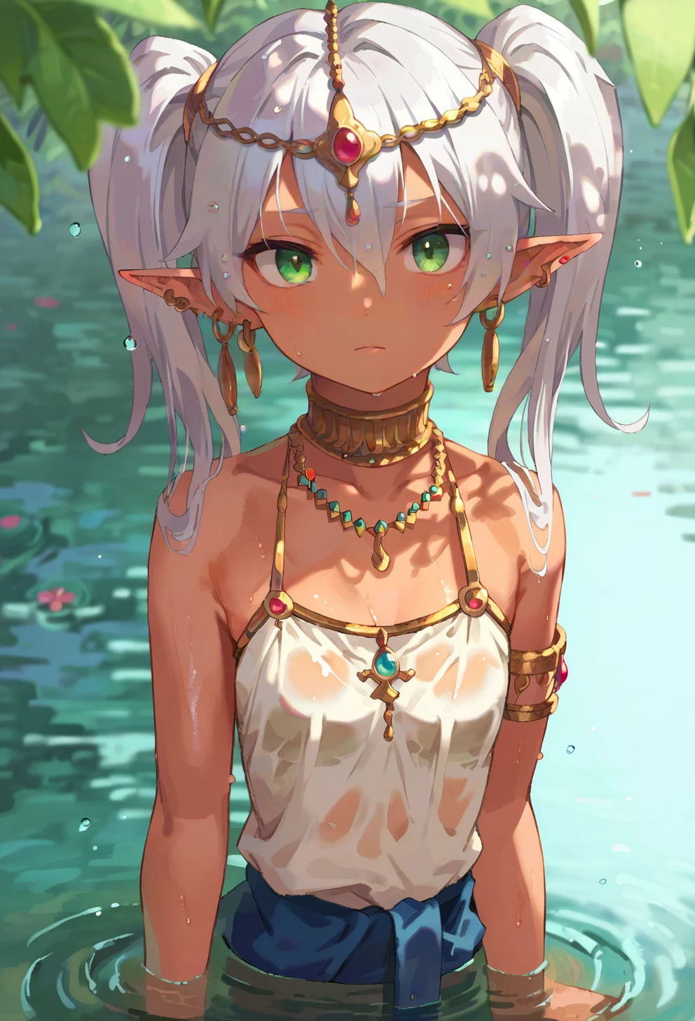 score_9, score_8_up, score_7_up, score_6_up, source anime, frieren,
nereirfpnxl, frieren, kuronagamimi, dark elf, 1girl, earrings, twintails, white hair, pointy ears, blush, solo, armlet, long hair, jewelry, outdoors, partially submerged, wet clothes, looking at viewer, necklace, wet, depth of field, closed mouth, collarbone, ripples, sunlight, circlet, green eyes, head chain, neck ring, hair between eyes, blue flower,
<lora:dark_elf_pony:0.8>