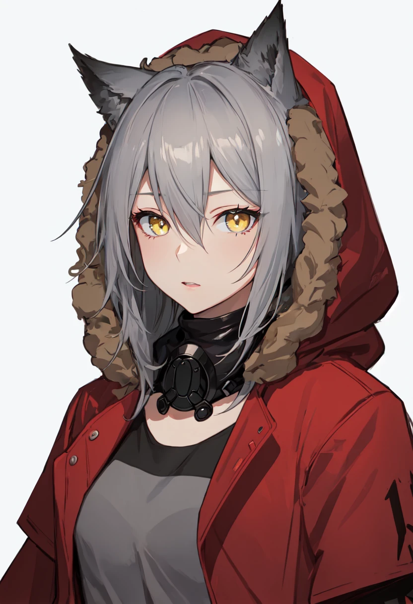 best quality, masterpiece, highres, solo, (projekt_red_arknights:1.10), 1girl, fur-trimmed hood, hooded jacket, looking at viewer, red jacket, mask around neck, open jacket, simple background, upper body, closed mouth, hood up, white background, long sleeves, grey shirt, 1 <lora:projekt_red_arknights:0.80>