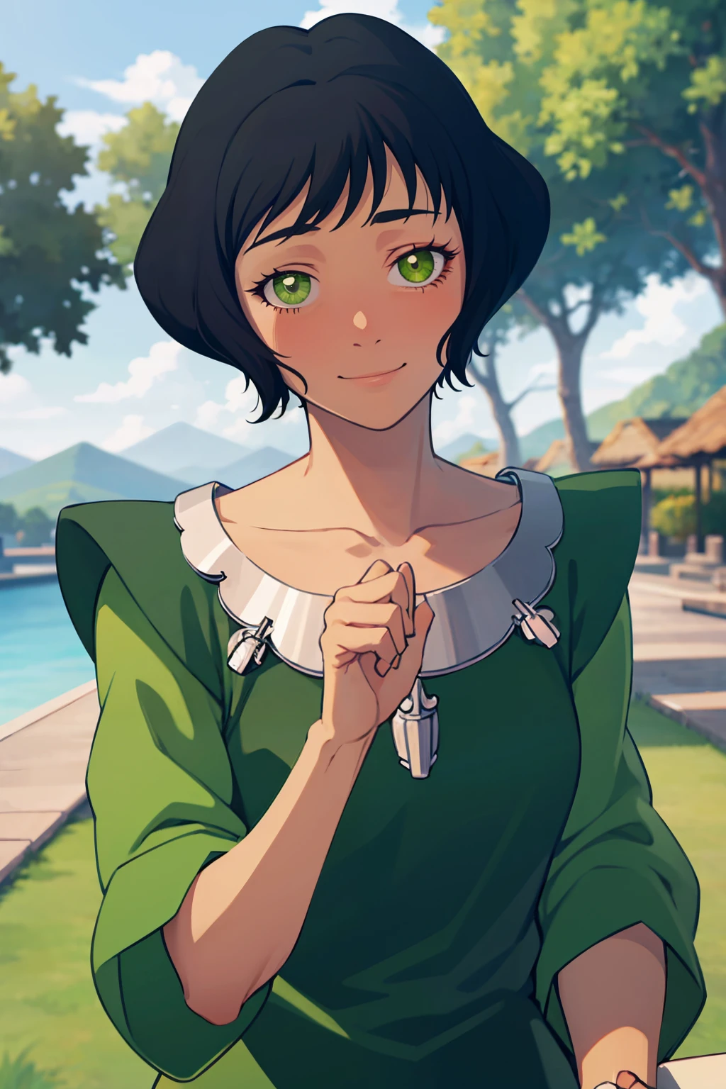 ((masterpiece,best quality)), absurdres, <lora:Opal_Korra_v3:0.8>, Opal Korra, smile, looking at viewer, blush, outdoors, upper body, head tilt, collarbone, tree,