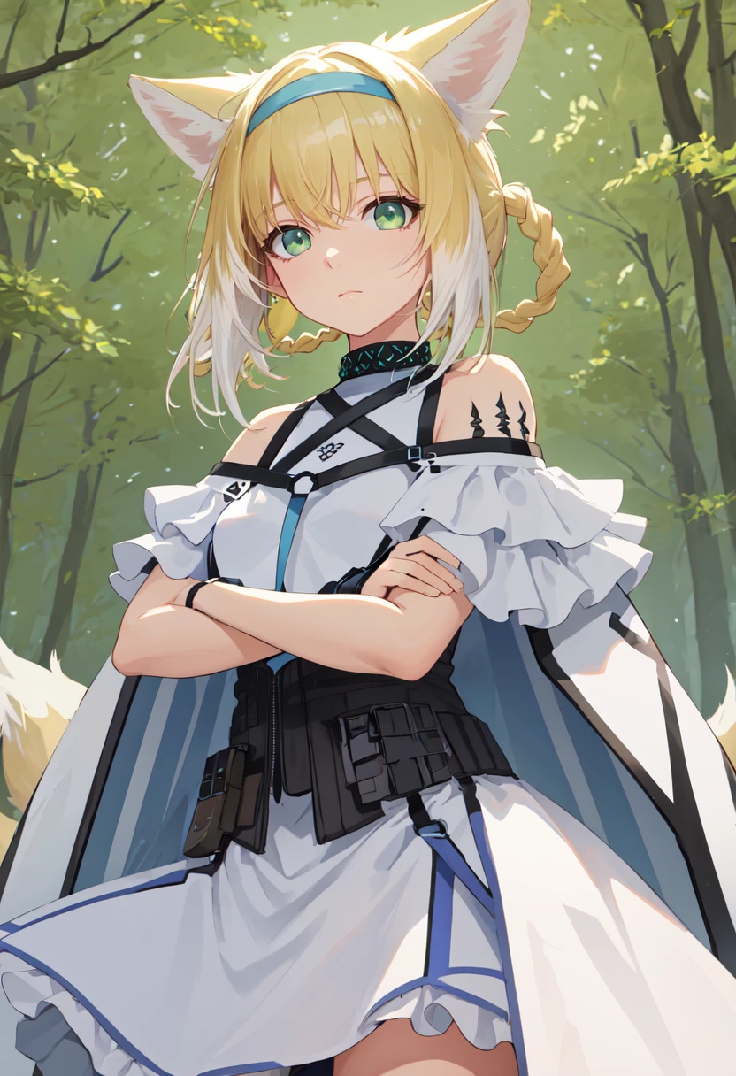 fischl (genshin impact), green eyes, (white pupils:1.2), fischl (genshin impact), medium_breasts, blonde hair, eyepatch, long hair,hair over one eye,1girl,team rocket,team rocket uniform,white skirt,crop top,black thigh-highs,black elbow gloves,