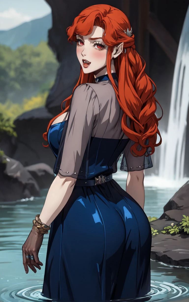 ((masterpiece, best quality)), insaneres, absurdres, solo, looking at viewer, 
BlueDress_Lenore_ownwaifu, 
1girl, long hair, red eyes, blush, pointy ears, lips, breasts,  red hair, hair ornament, braid, fangs, makeup, lipstick, black lips, vampire, very long hair, wavy hair, colored skin, blunt bangs,
cleavage, dress, jewelry, gloves, blue dress, see-through, grey gloves, see-through sleeves, ring,  long dress,  belt, choker, bracelet, 
(wading, ass support), waterfall, <lora:CARTOON_Castlevania_Lenore_ownwaifu:0.75>,
 depth of field, vanishing point, garden, sidelighting,