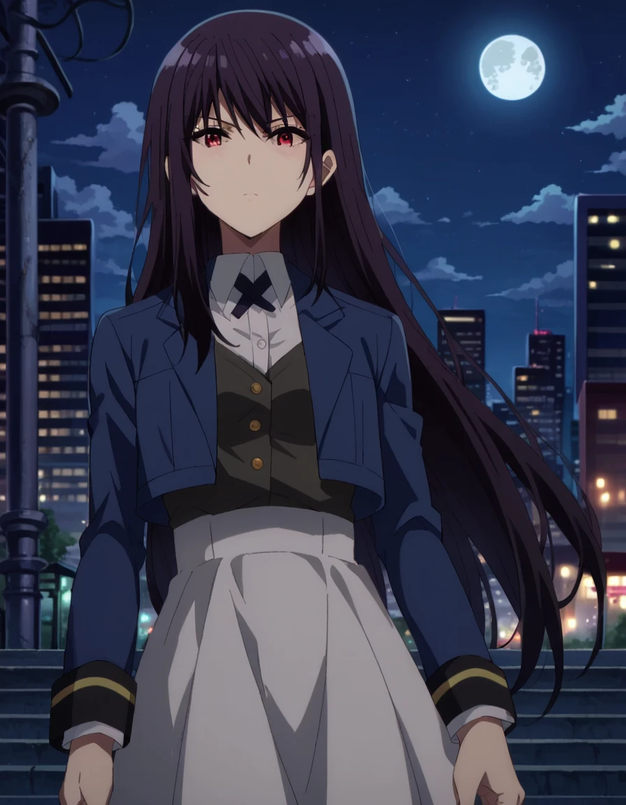 score_9, score_8_up, score_7_up, source_anime,
clairekagenou, <lora:claire-kagenou-ponyxl-lora-nochekaiser:1>,
claire kagenou, long hair, black hair, red eyes,
shirt, jacket, blazer, skirt, white skirt,
outdoors, cityscape, night, moon,
looking at viewer, dutch angle,