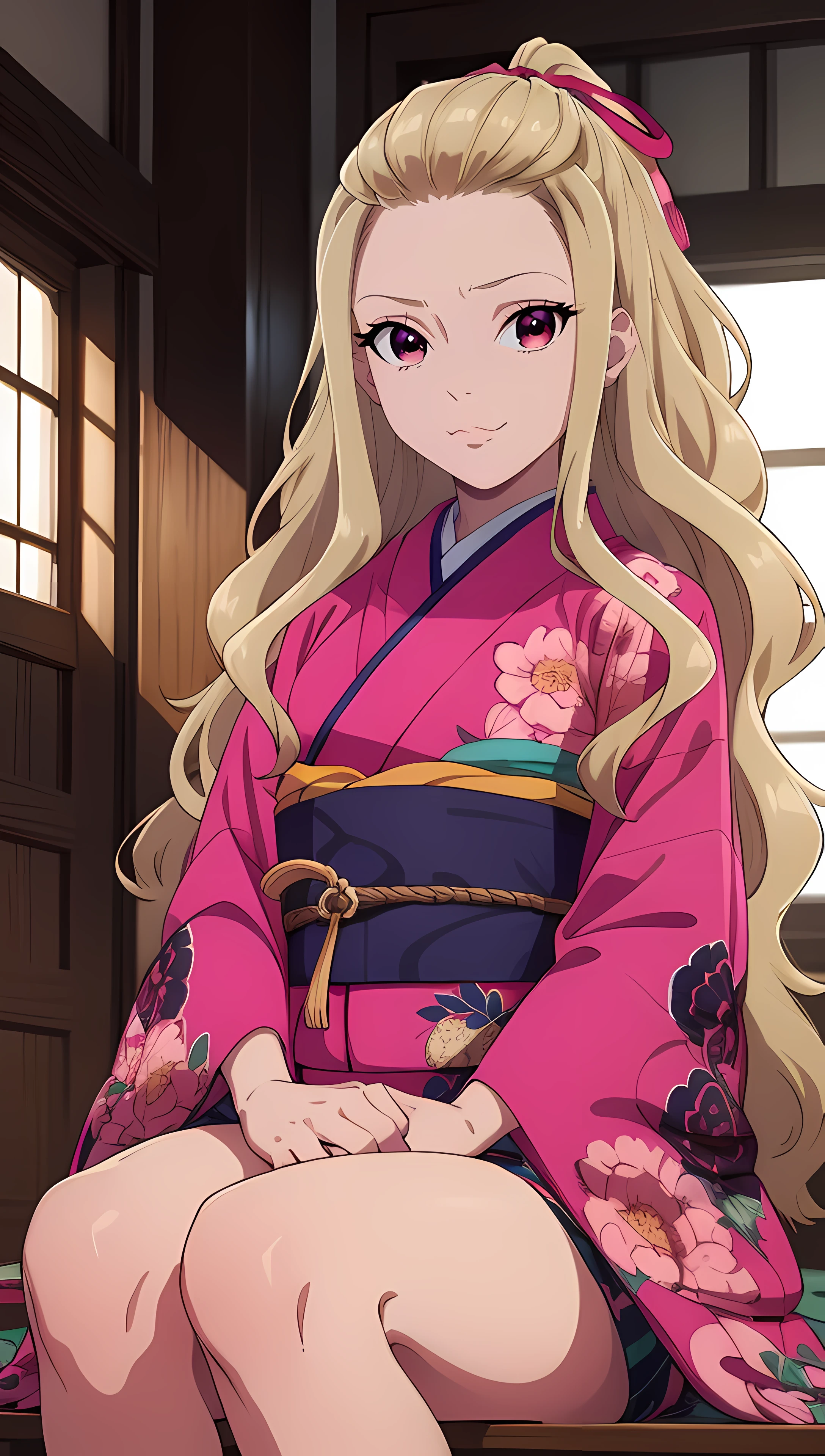 masterpiece, best quality, high resolution, highly detailed, HDR, intricate detail, ultra detailed,
BREAK
<lora:Saimori Kaya:0.7>_wavy blonde waist-length hair_bangs tied with pink ribbon_pink eyes_(open forehead:1.2)
BREAK
 (sitting pose_holding feet:1.3)_(cowboy shot:1.4)
BREAK
(Pink kimono:1.3)