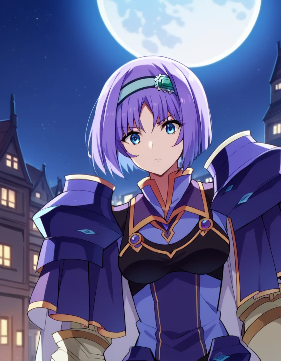 score_9, score_8_up, score_7_up, source_anime,
shadowannerose, <lora:shadow-annerose-ponyxl-lora-nochekaiser:1>,
annerose, short hair, blue eyes, purple hair,
hairband, armor, shoulder armor, gauntlets, blue hairband,
outdoors, cityscape, night, moon,
looking at viewer, dutch angle,