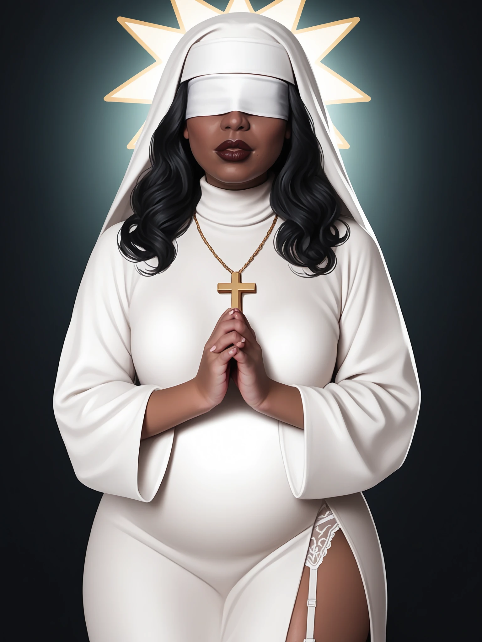 score_9, score_8_up, score_7_up, score_6_up, score_5_up, score_4_up,
BREAK
1girl, dark skin, white blindfold, blindfold, dark red lips, black hair, wavy hair, long hair, thick lips, adult, mature, white hat, white habit,
BREAK
solo, standing, cowboy shot, thick thighs, praying, nun, white robe, ornate robe, gold trim, small breasts, curvy, gold crown of thorns, star halo, cross necklace, turtleneck, side slit, white garter belt, white lace thighhighs,
BREAK
black background, realistic, photorealistic, real life, <lora:Lunas-Negisaray-SDXL-A1:1>