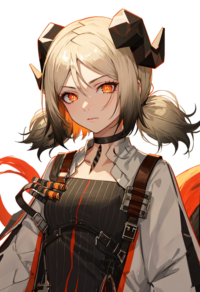 best quality, masterpiece, highres, solo, (ifrit_arknights:1.10), 1girl, looking at viewer, black choker, upper body, simple background, dress, white background, 5 <lora:ifrit_arknights:0.80>