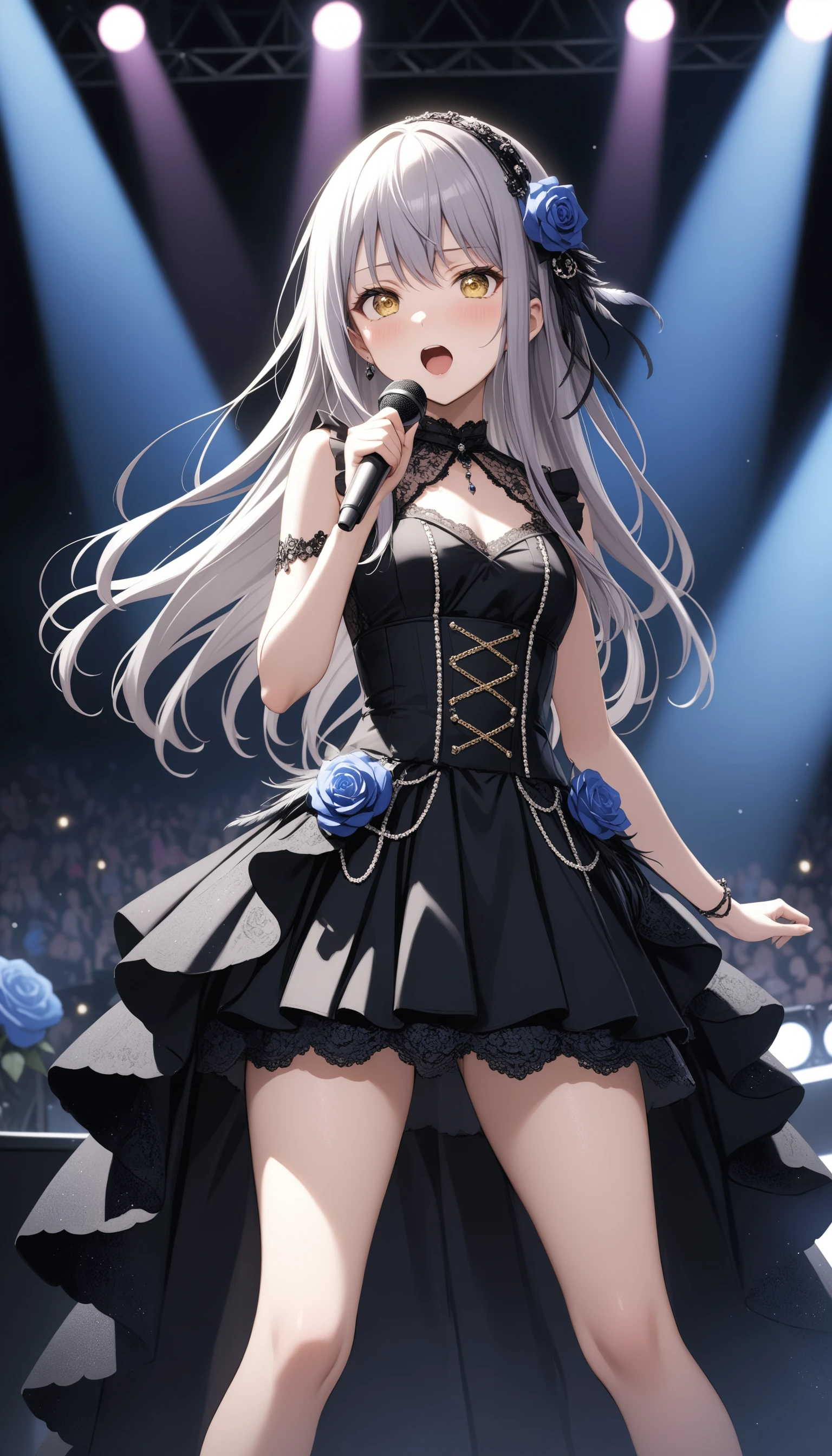 (masterpiece, best quality, very aesthetic, ultra detailed), intricate details,
1girl, minato yukina, bang dream!, stage, stage lights, singing, black dress, black hairband, blue rose, feathers, flowers, white hair, yellow eyes,