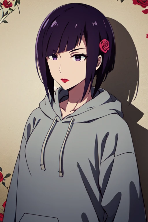 concept art masterpiece, high quality, absurdres, best quality, 4k, <lora:RankoMannenR4:0.7>, RankoMannenR4, 1girl, short hair, purple eyes, purple hair,red lipstick, drawstring, floral background, flower, grey hoodie, hair ornament, hood, hood down, hooded jacket, hooded sweater, hoodie, leaf, pink rose, plant, purple eyes, purple hair, red flower, red rose, rose, short hair, solo, thorns, upper body, vines, white hoodie . digital artwork, illustrative, painterly, matte painting, highly detailed